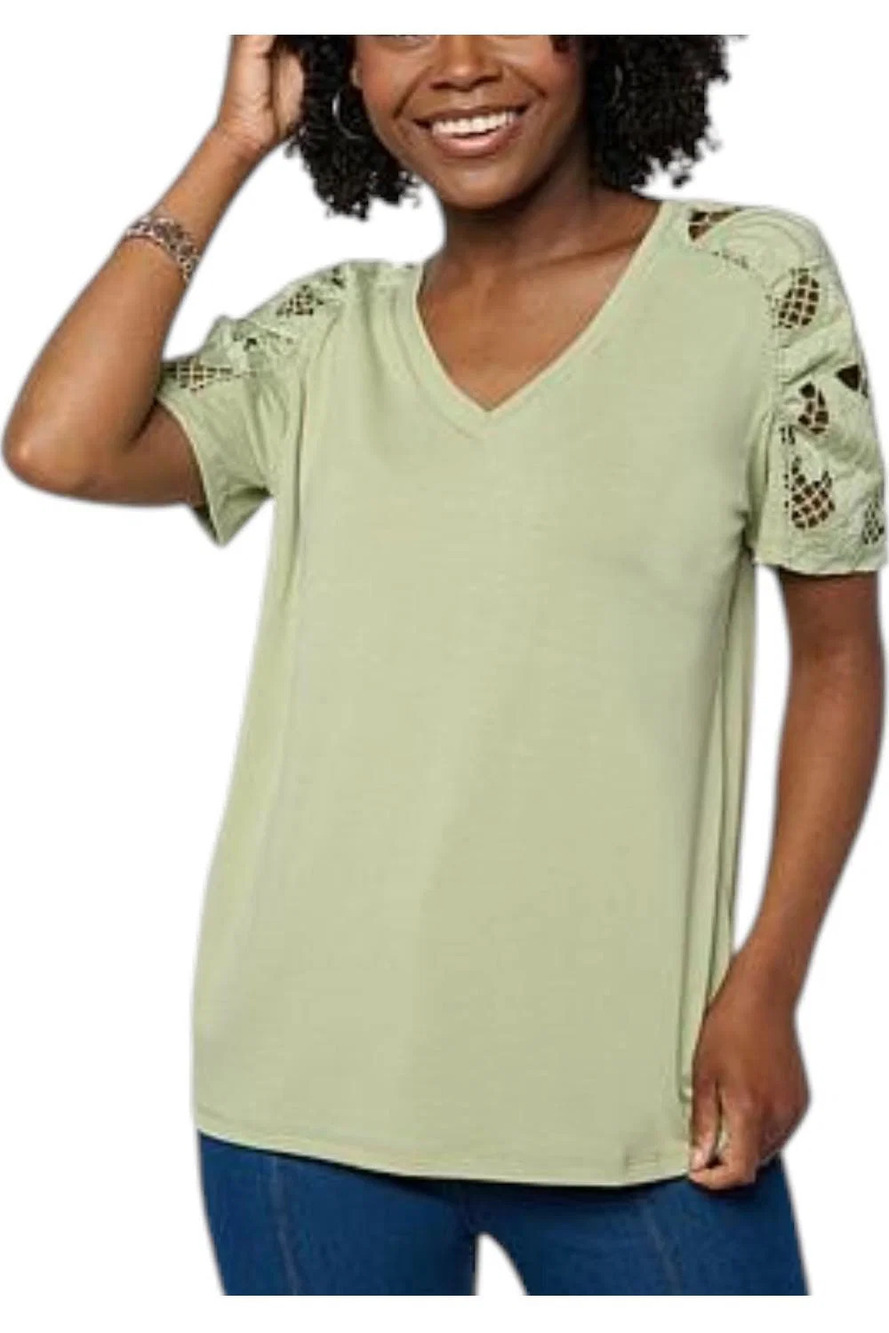 DG2 by Diane Gilman Women's Jersey Eyelet Ruched Sleeve Top Sage - Regular